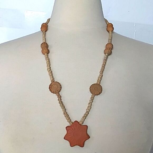Terra Cotta Clay Sun Festival Style Necklace w/ Seeds and Sea Shells Boho - Picture 1 of 6